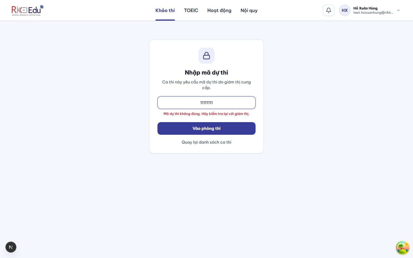 Báo lỗi khi nhập sai mã dự thi