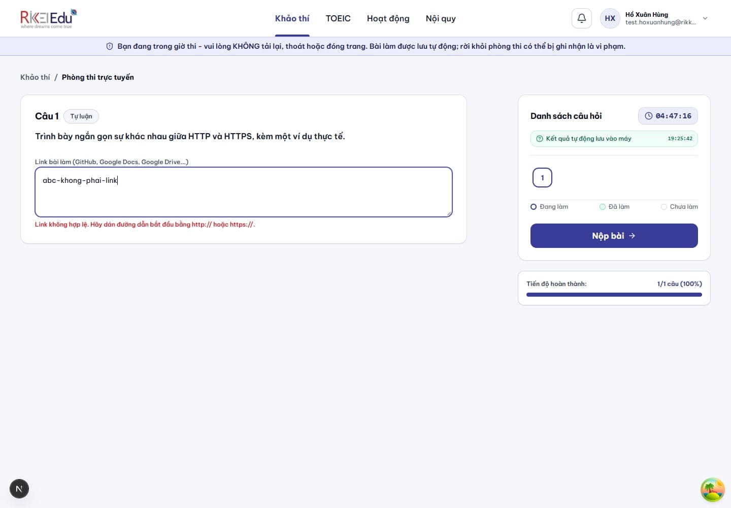 Báo lỗi khi link bài làm không hợp lệ