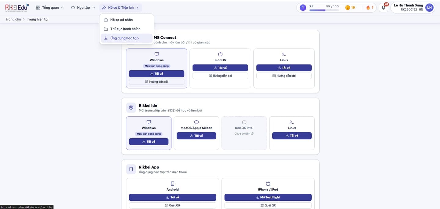 Trang Ứng dụng học tập trên LMS sinh viên với khung Rikkei LMS Connect