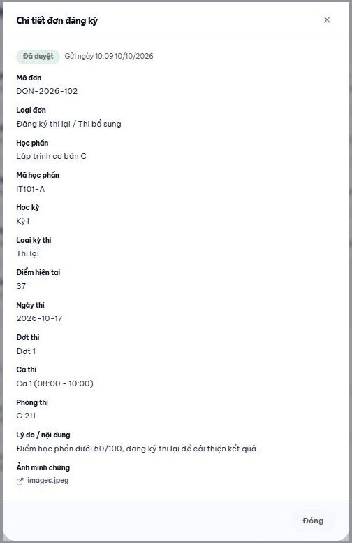 Chi tiết đơn đăng ký thi lại ở LMS sinh viên, trạng thái Đã duyệt kèm ngày, đợt, ca và phòng thi