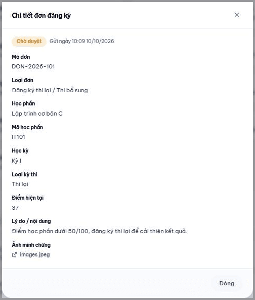 Chi tiết đơn đăng ký thi lại ở LMS sinh viên, trạng thái Chờ duyệt